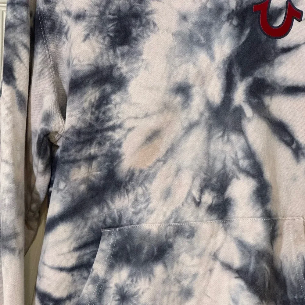 True Religion Mens Tie Dye Hoodie Grey White Buddha Guitar Logo Sweatshirt L